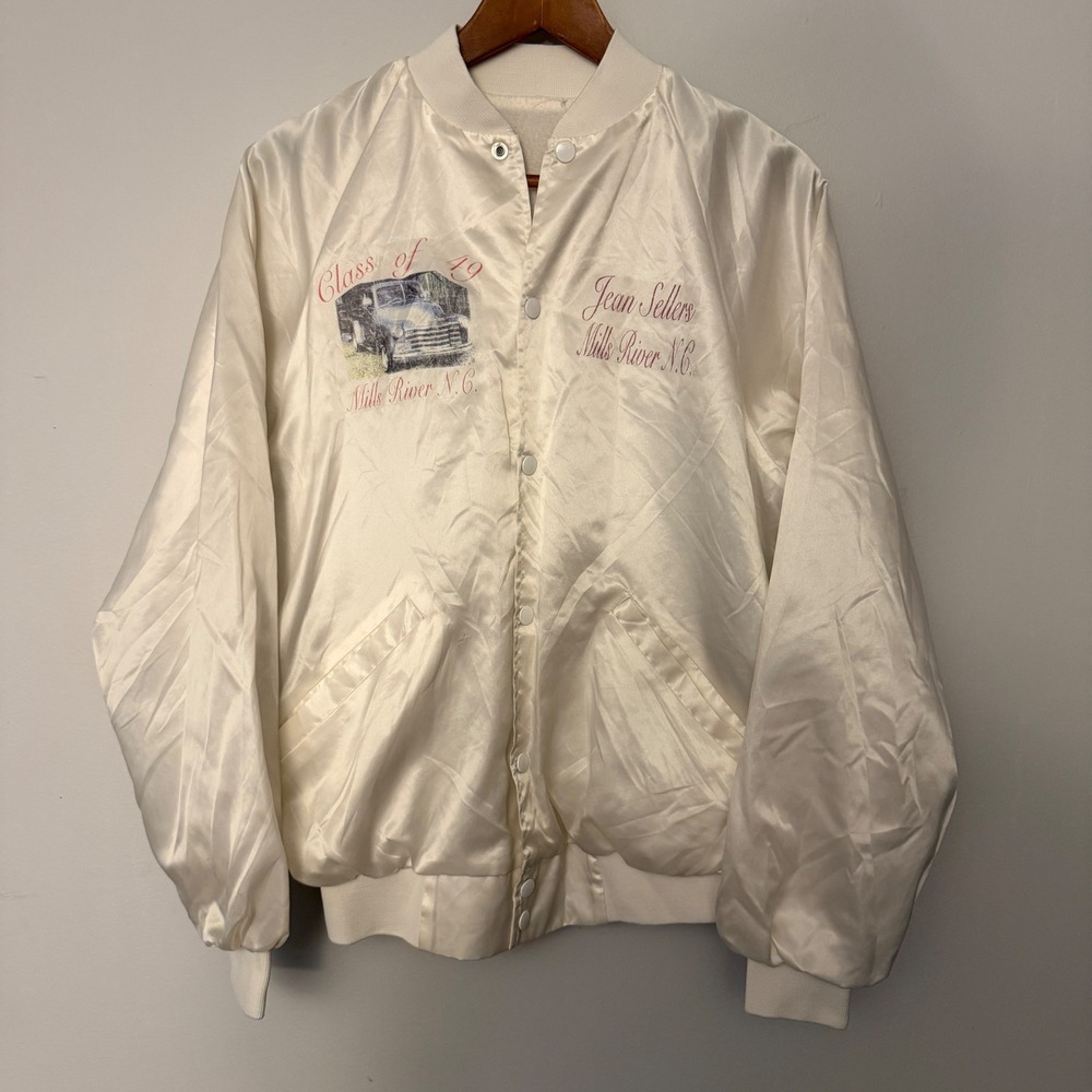 Vintage Class of 49 Mills River NC Satin Bomber Jacket White Chevy Truck Large